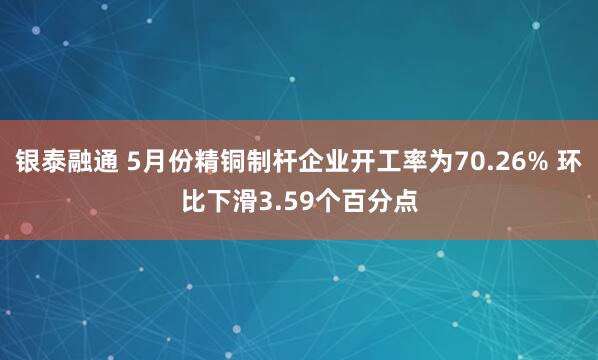 银泰融通 5月份精铜制杆企业开工率为70.26% 环比下滑3.59个百分点